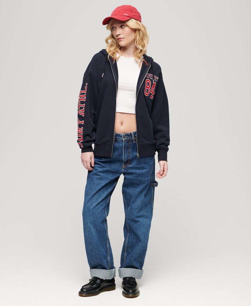college logo boyfriend zip hoodie in eclipse navy