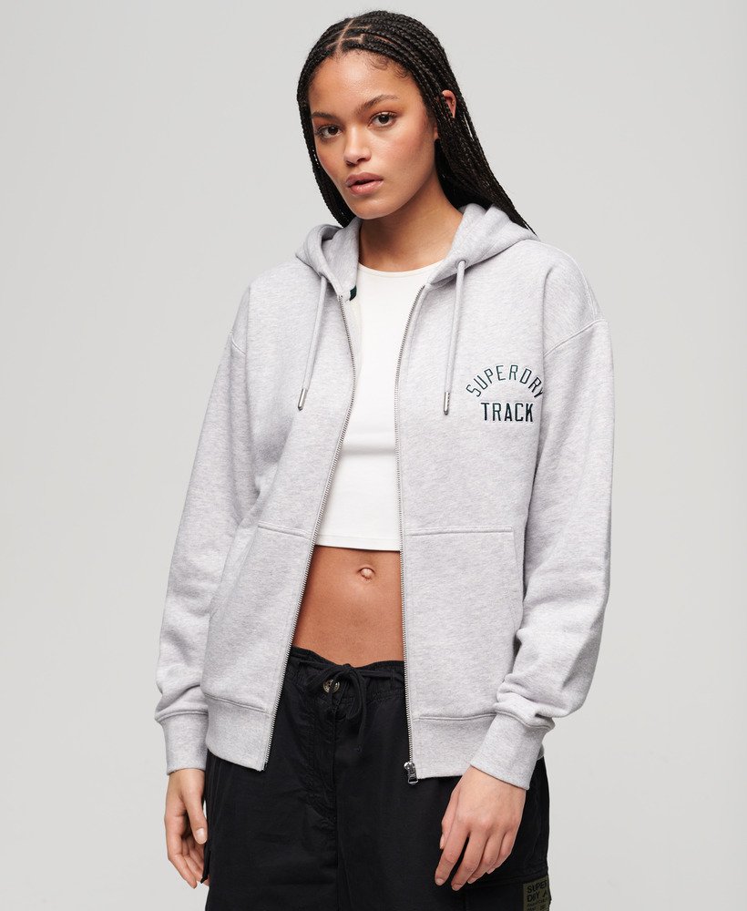 college logo boyfriend zip hoodie in cadet grey marl