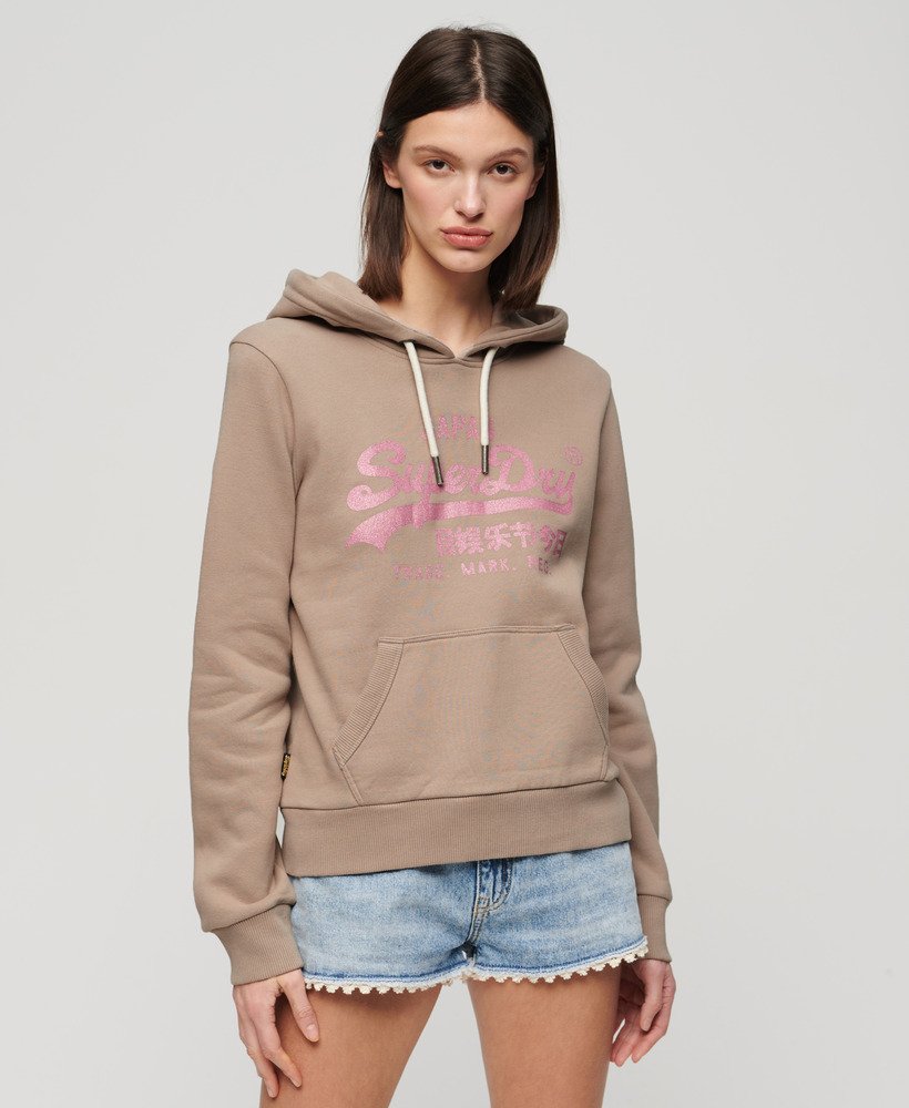 metallic vintage logo-hoodie in diepbeige slubstof