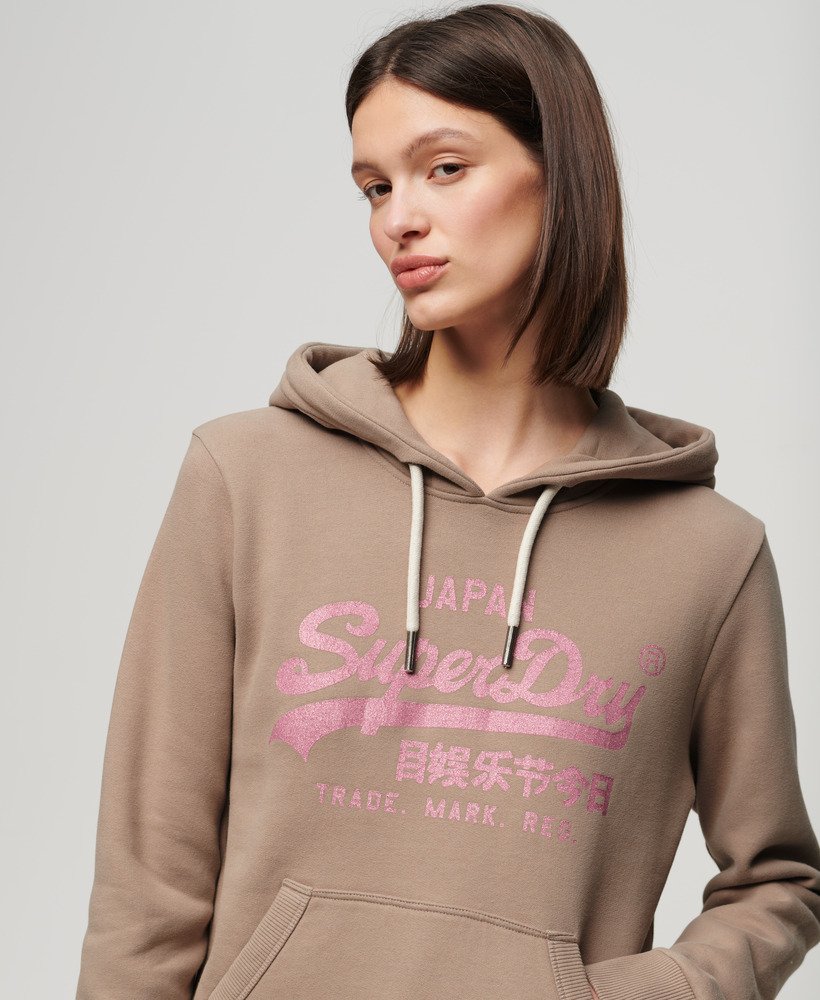 metallic vintage logo-hoodie in diepbeige slubstof