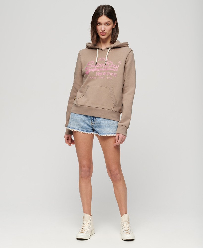 metallic vintage logo-hoodie in diepbeige slubstof