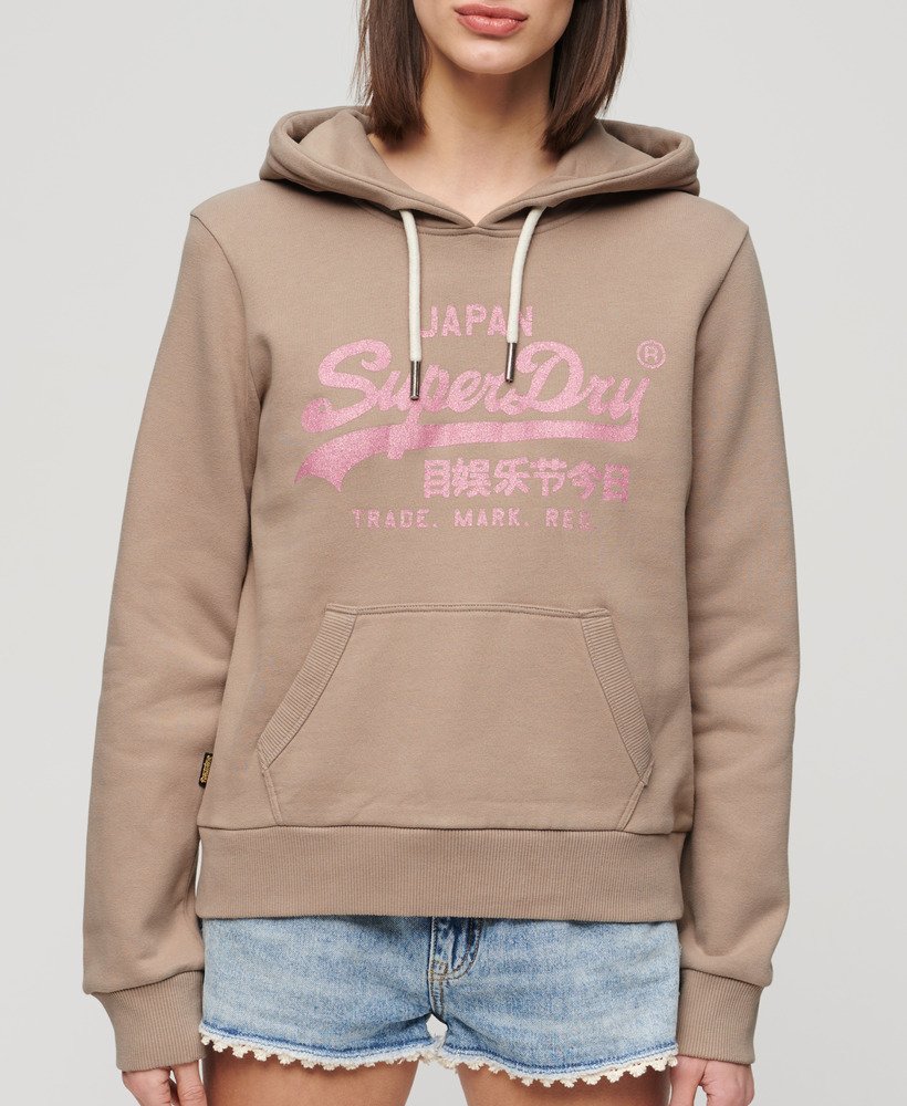 metallic vintage logo-hoodie in diepbeige slubstof
