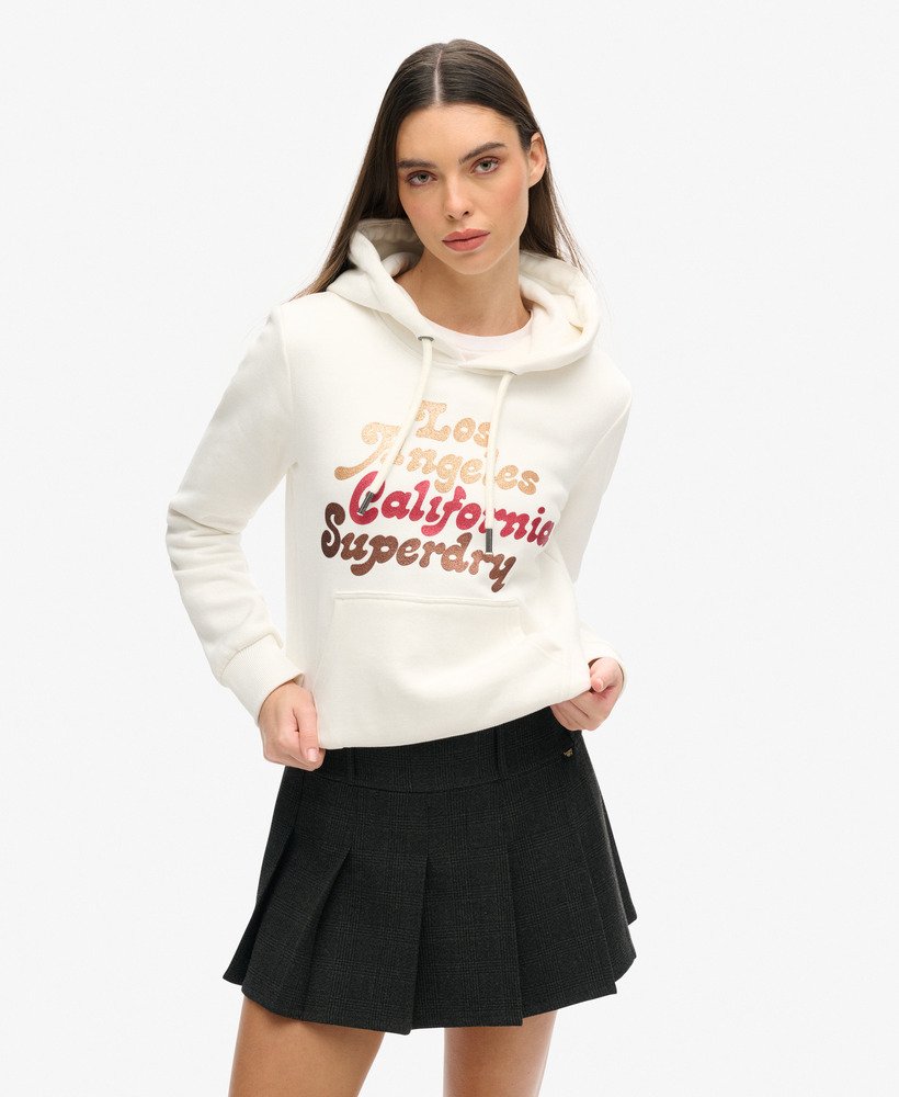 retro hoodie met glitterlogo in ecru