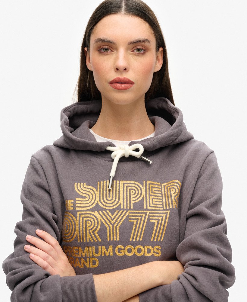 retro hoodie met glitterlogo in donkergrijs.