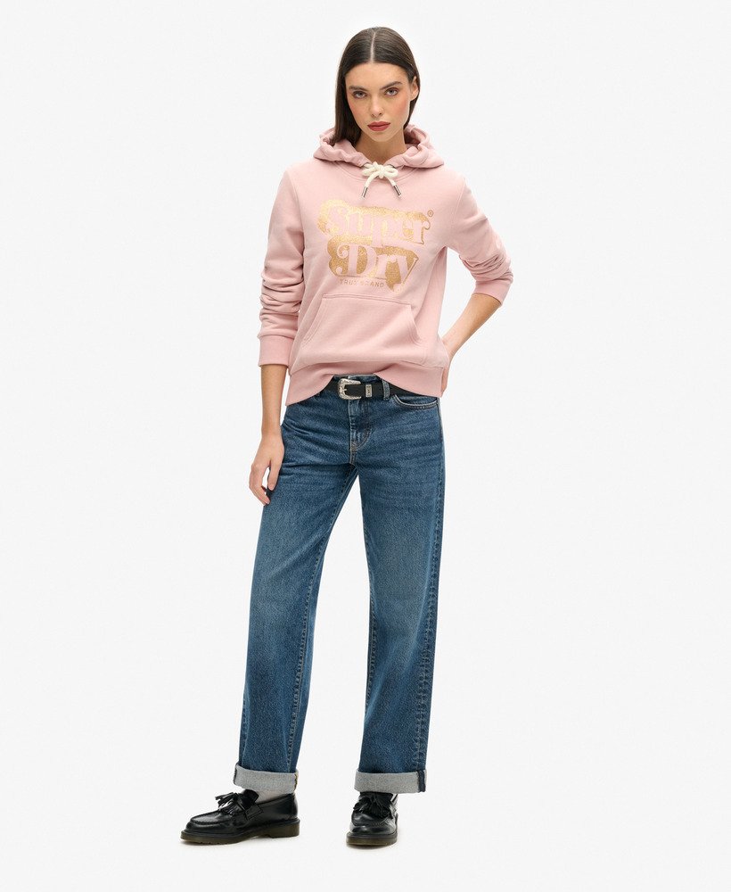 retro hoodie met glitterlogo in vintage blushroze.