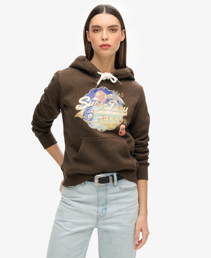 vintage itago hoodie met logo in donkerbruin gemêleerd.