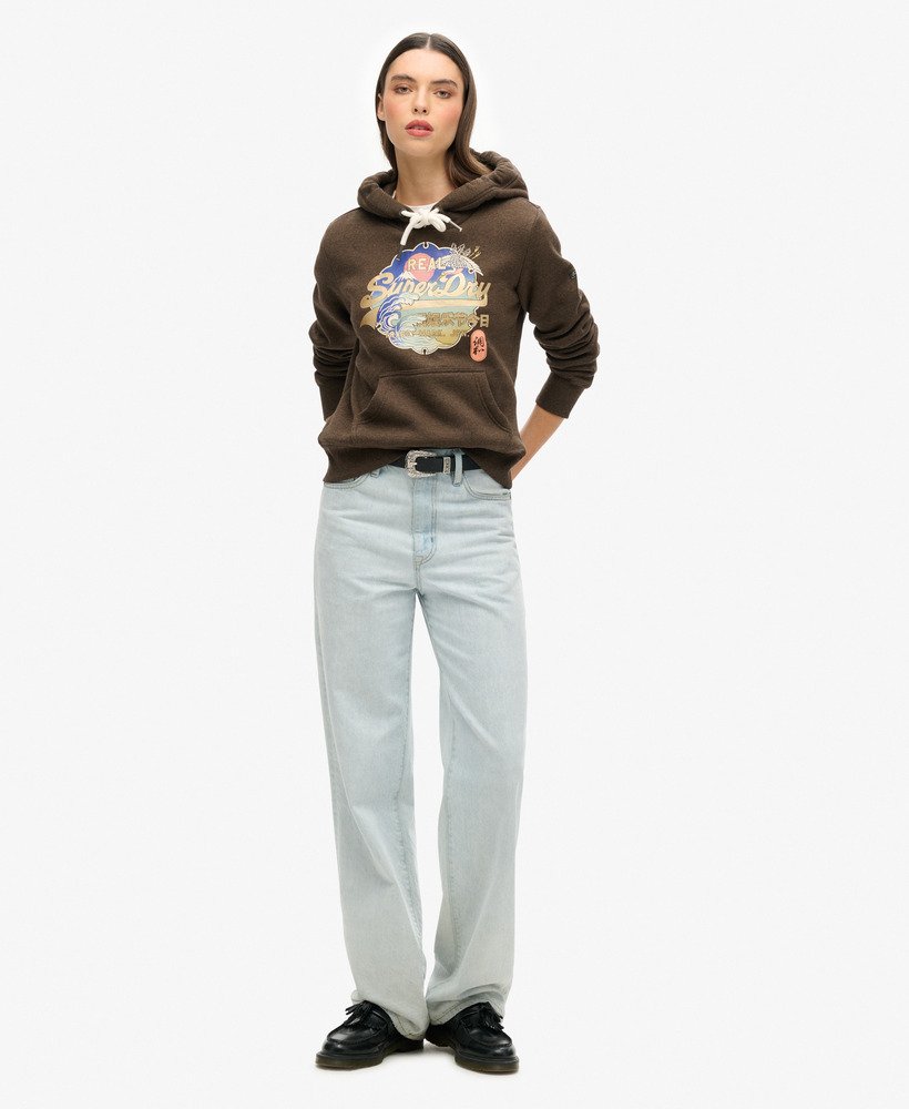 vintage itago hoodie met logo in donkerbruin gemêleerd.