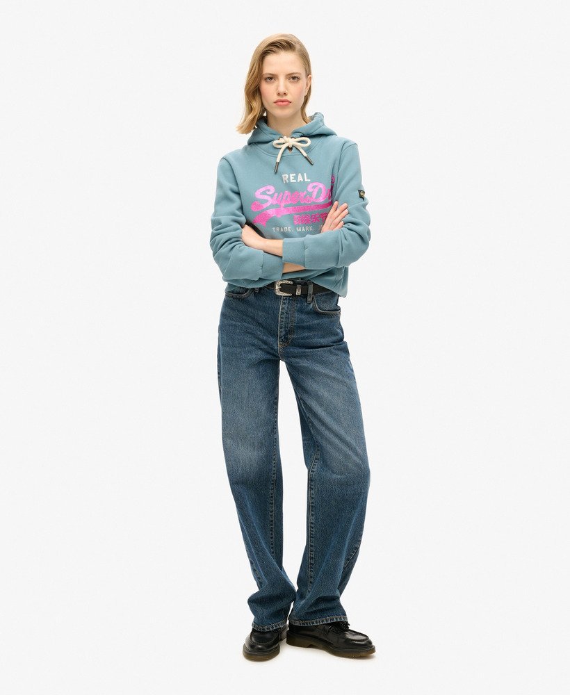 hoodie met vintage logo en versieringen in egeïsch blauw.