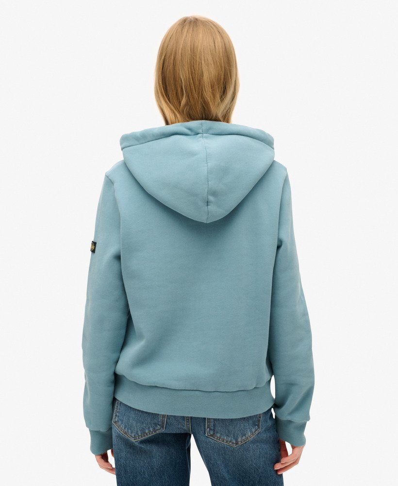 hoodie met vintage logo en versieringen in egeïsch blauw.