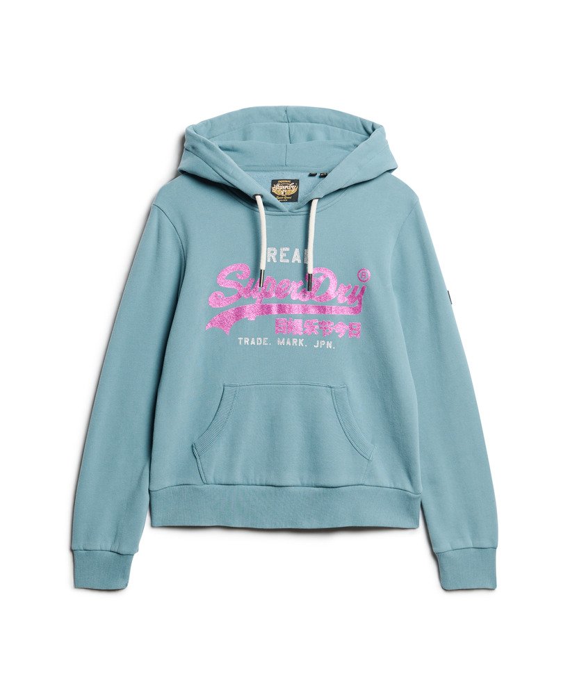 hoodie met vintage logo en versieringen in egeïsch blauw.