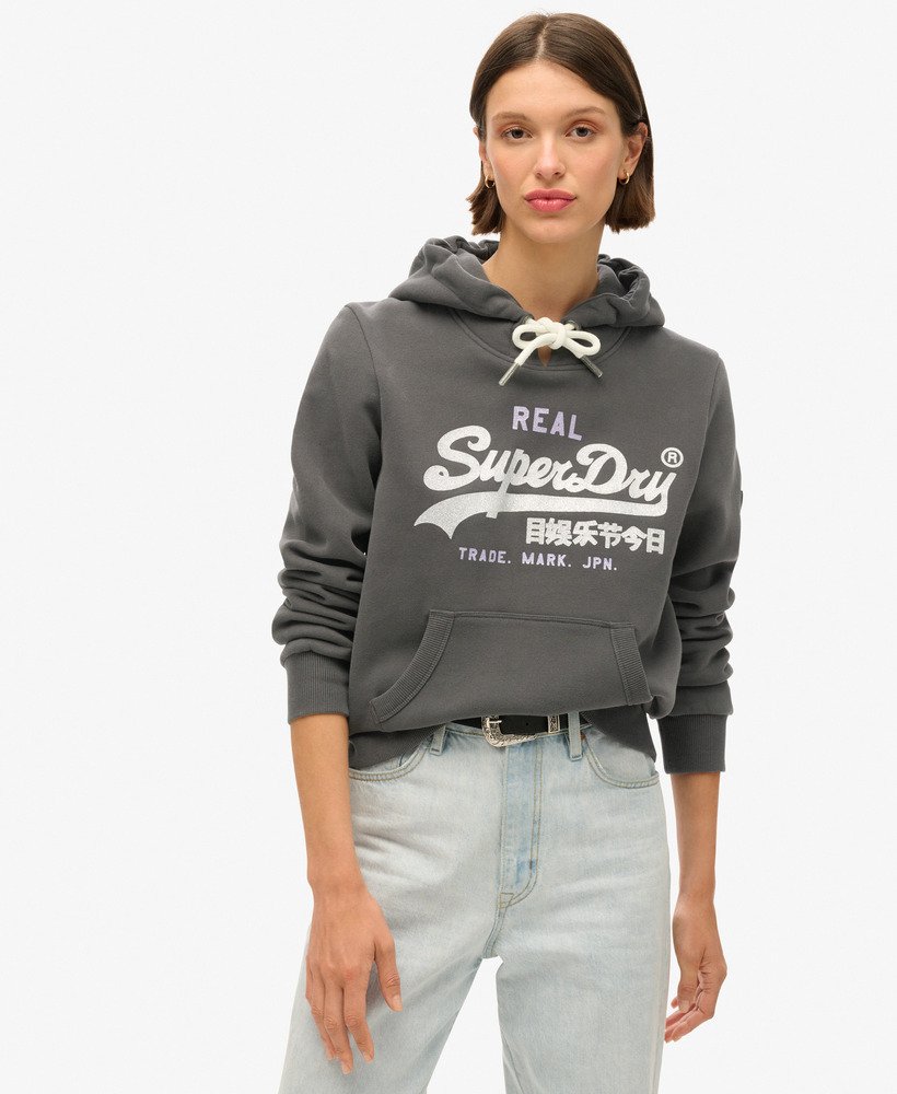 hoodie met vintage logo en versieringen in gewassen zwart.