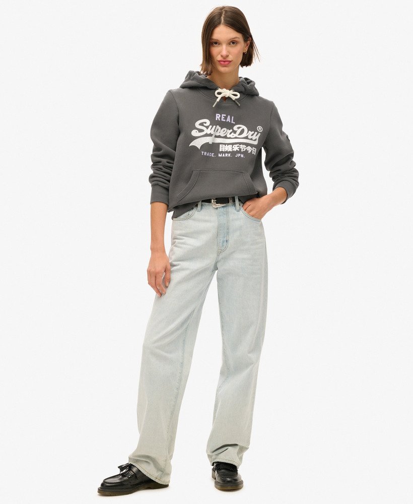 hoodie met vintage logo en versieringen in gewassen zwart.