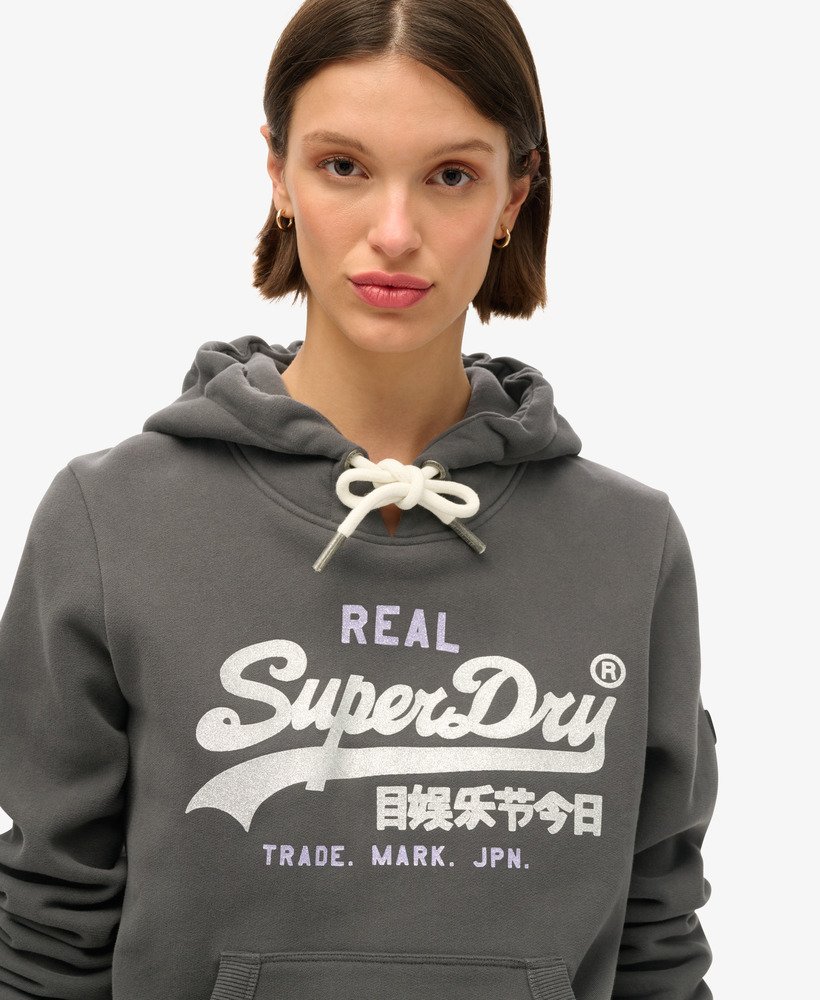 hoodie met vintage logo en versieringen in gewassen zwart.