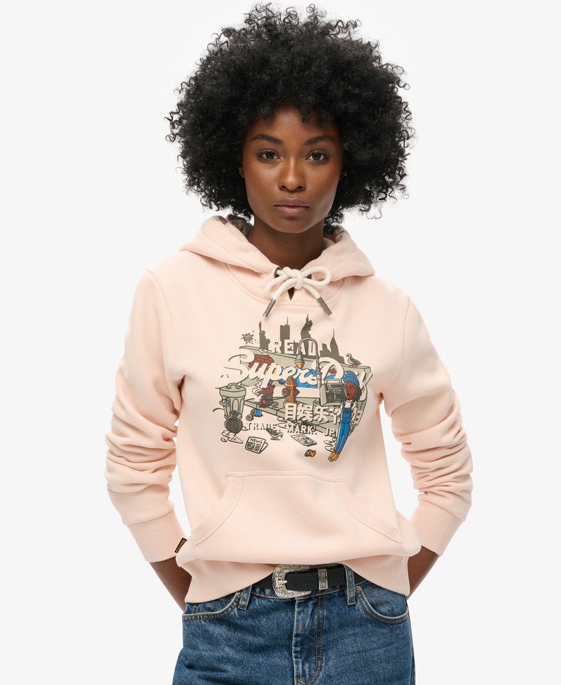 new york vintage logo graphic hoodie in pink clay