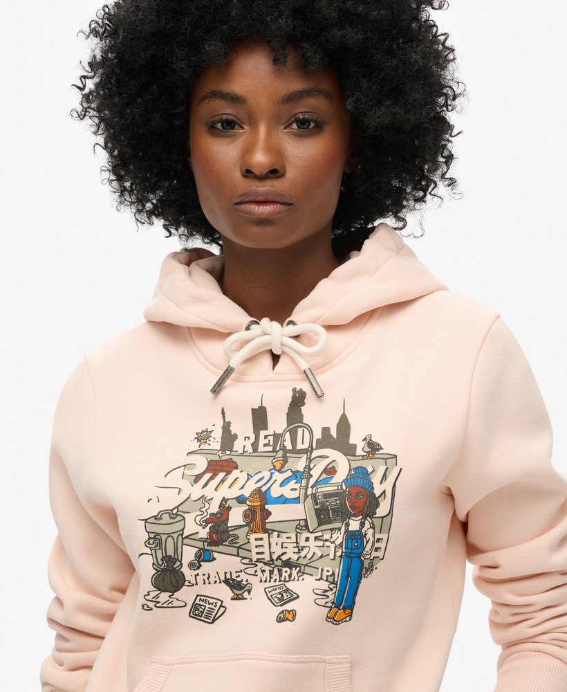 new york vintage logo graphic hoodie in pink clay