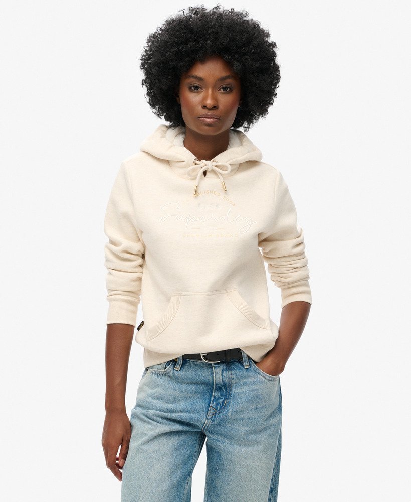 luxe hoodie met metallic logo in havercrème gemêleerd.