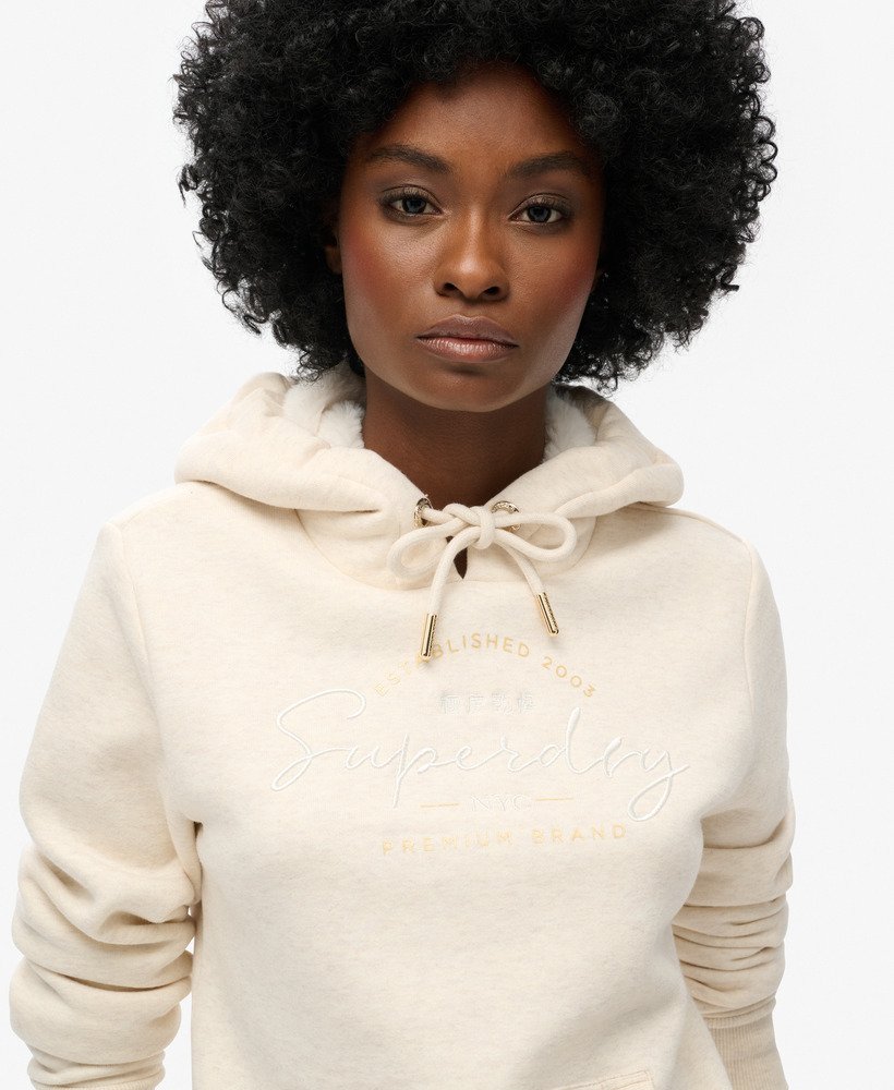 luxe hoodie met metallic logo in havercrème gemêleerd.