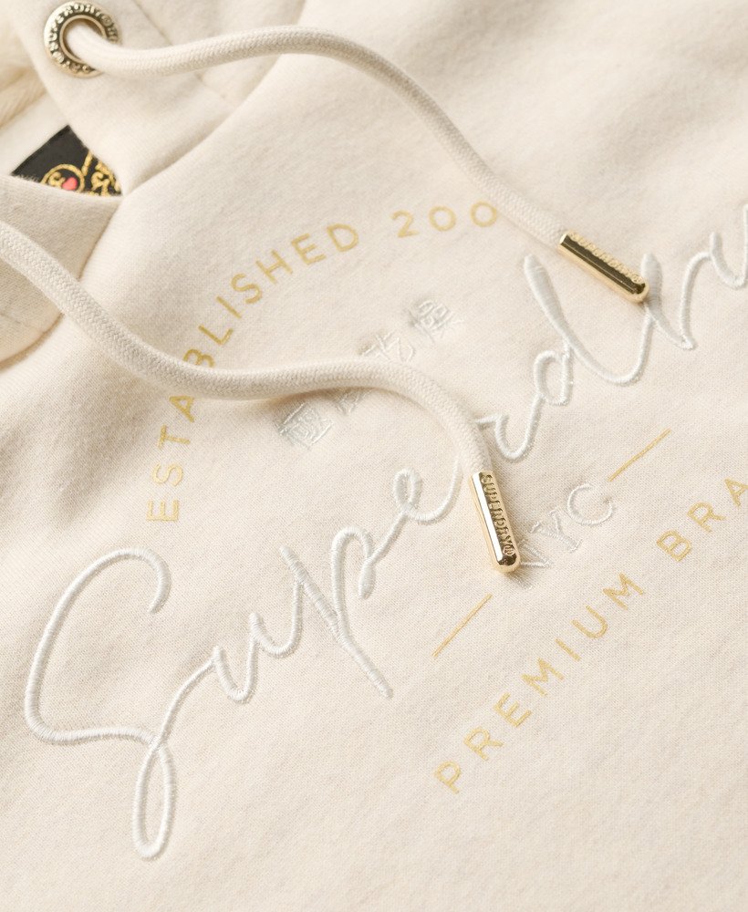 luxe hoodie met metallic logo in havercrème gemêleerd.