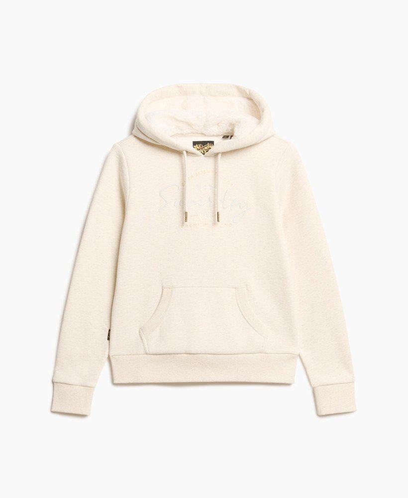 luxe hoodie met metallic logo in havercrème gemêleerd.