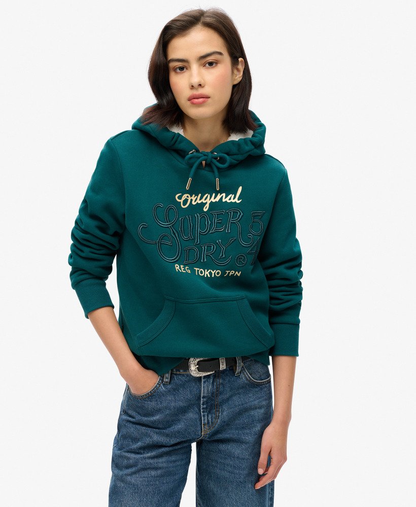 luxe metallic logo hoodie in diepblauwgroen.