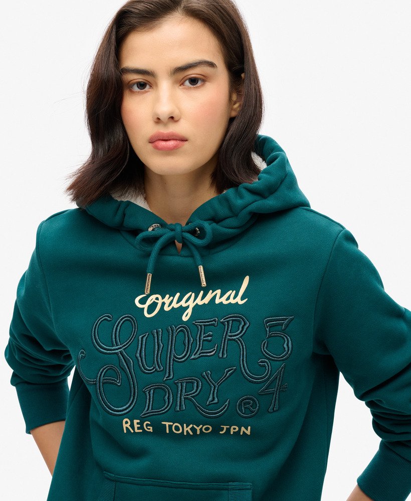 luxe metallic logo hoodie in diepblauwgroen.