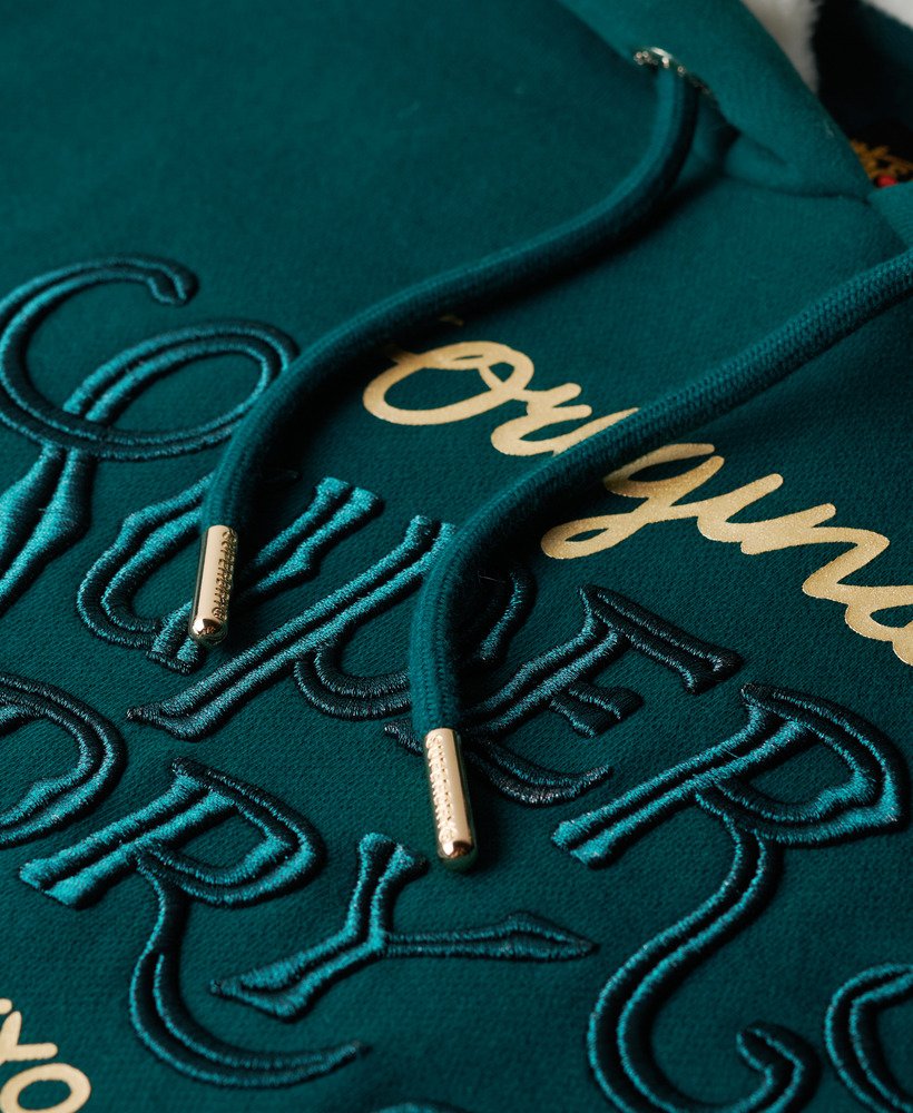 luxe metallic logo hoodie in diepblauwgroen.