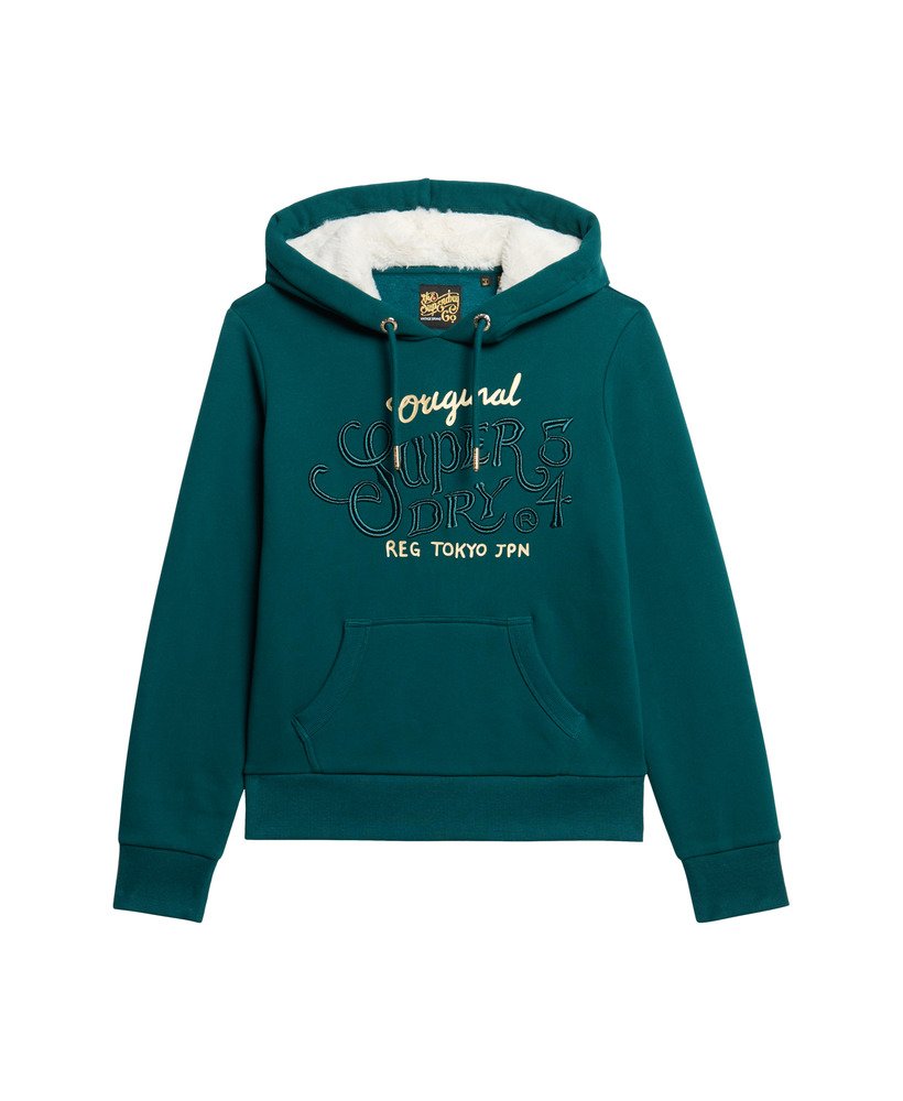 luxe metallic logo hoodie in diepblauwgroen.