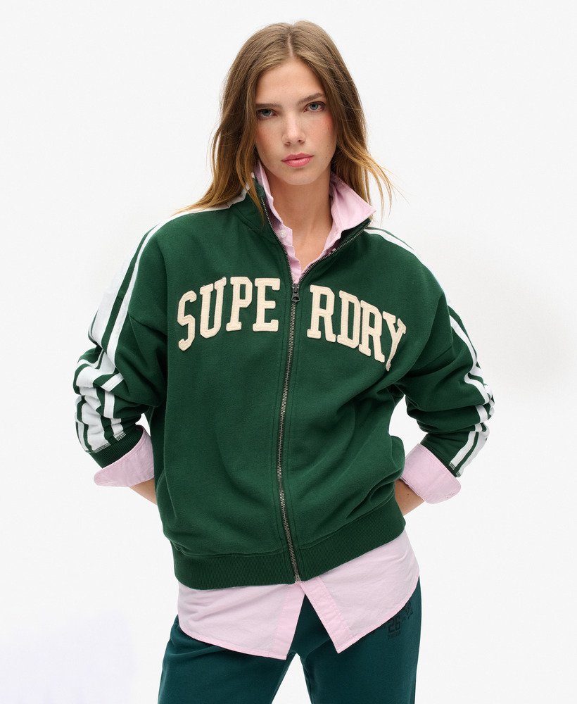 athletic essentials applique loose zip track top in enamel green