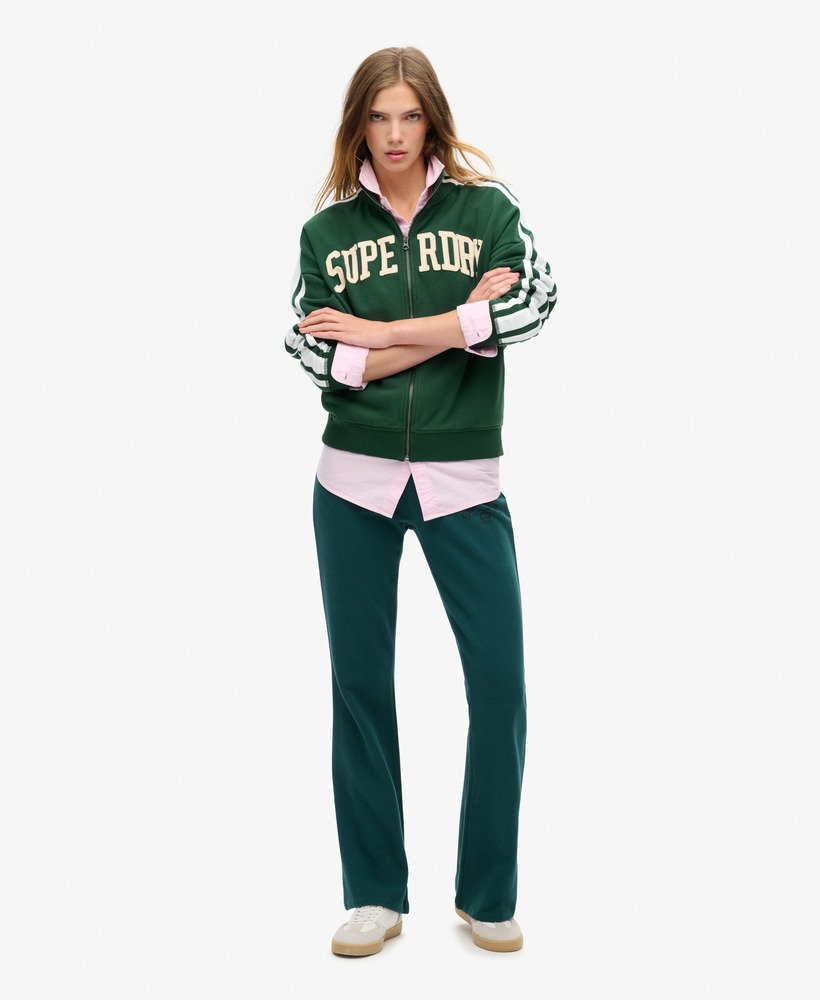 athletic essentials applique loose zip track top in enamel green