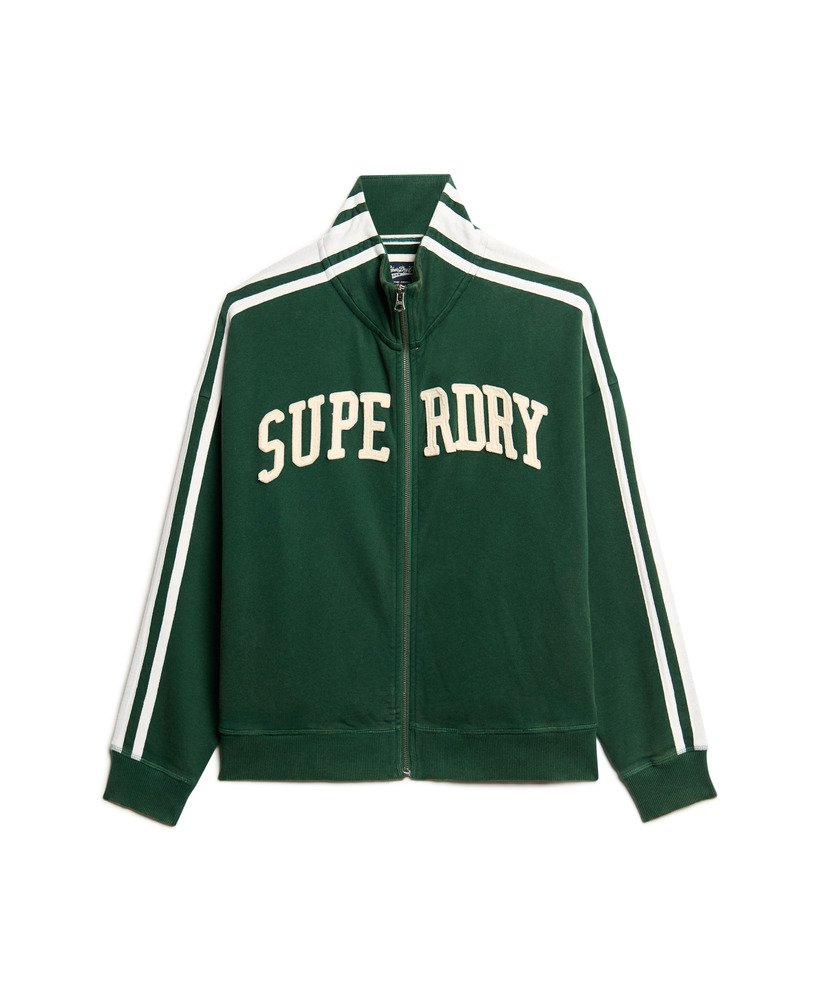 athletic essentials applique loose zip track top in enamel green