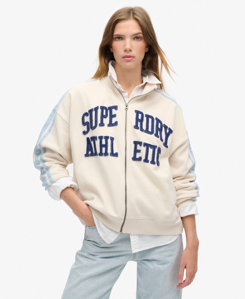 athletic essentials applique loose zip track top in turtledove cream