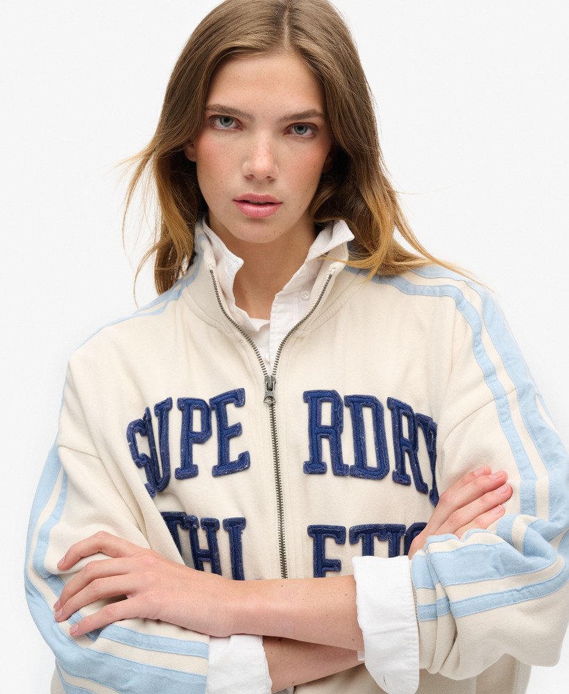 athletic essentials applique loose zip track top in turtledove cream