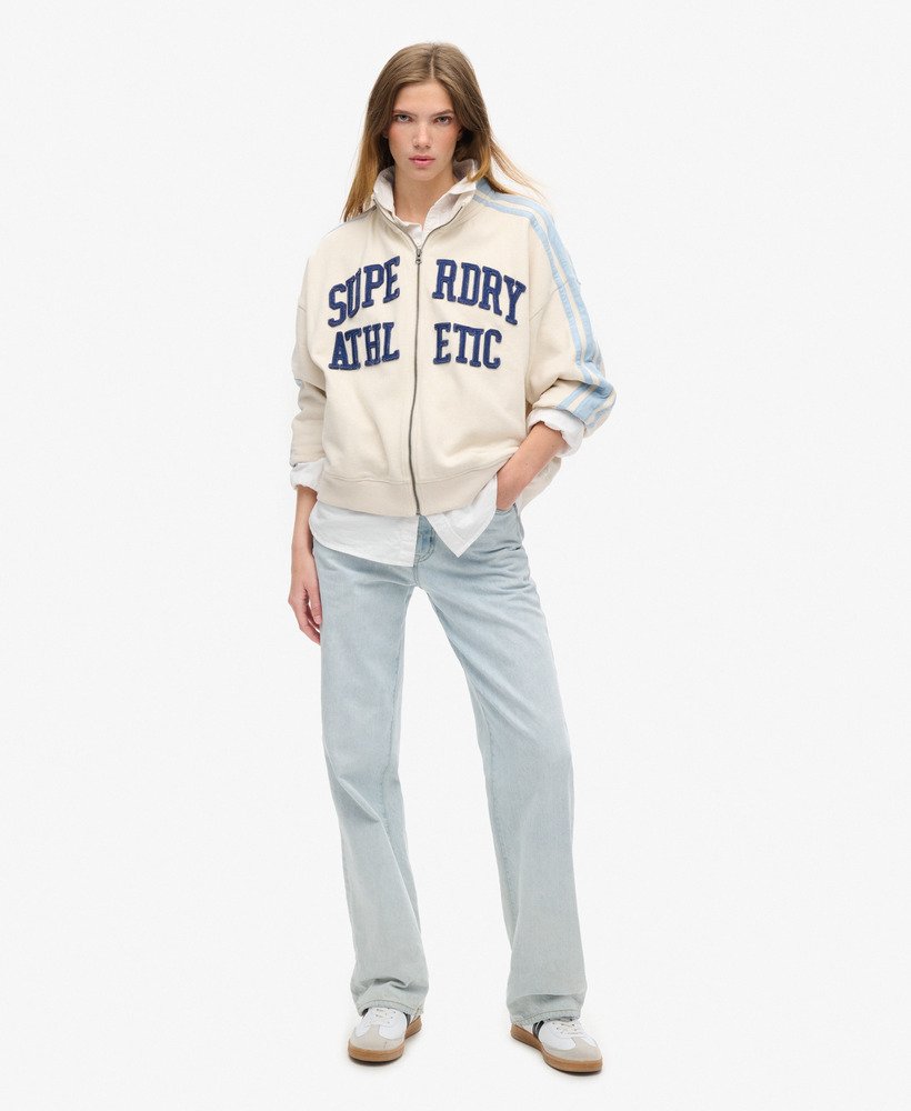 athletic essentials applique loose zip track top in turtledove cream