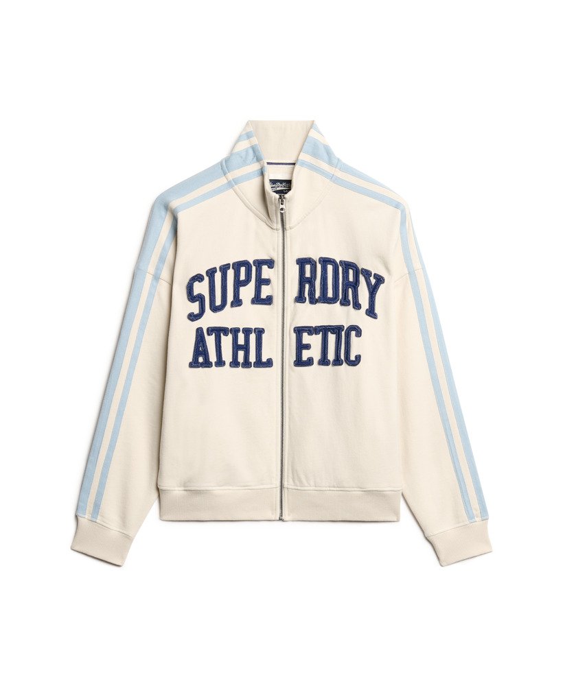 athletic essentials applique loose zip track top in turtledove cream