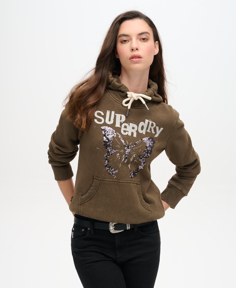 versierde punk-hoodie met grafische print in diep kaki groen.