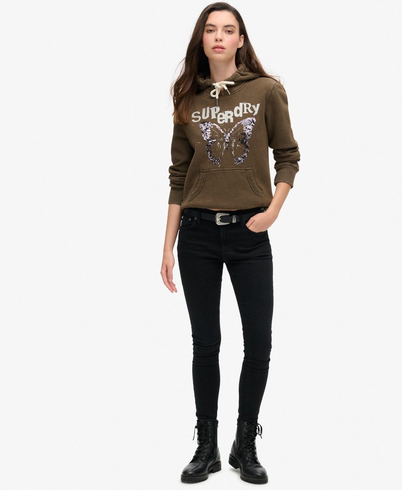 versierde punk-hoodie met grafische print in diep kaki groen.