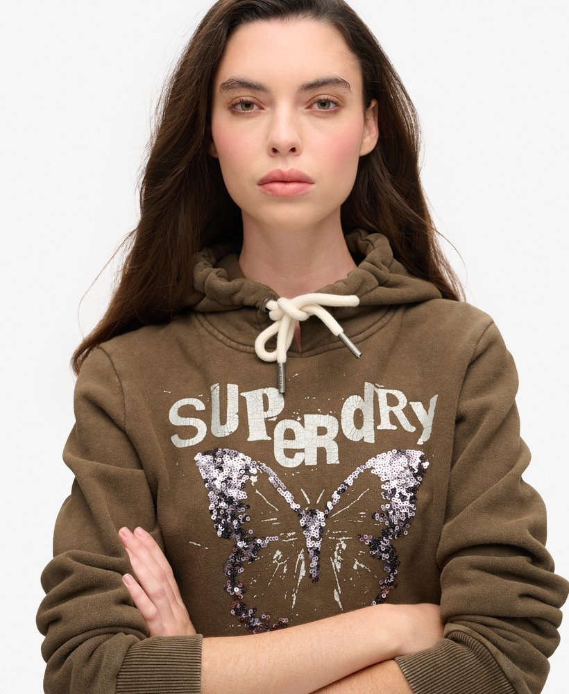 versierde punk-hoodie met grafische print in diep kaki groen.