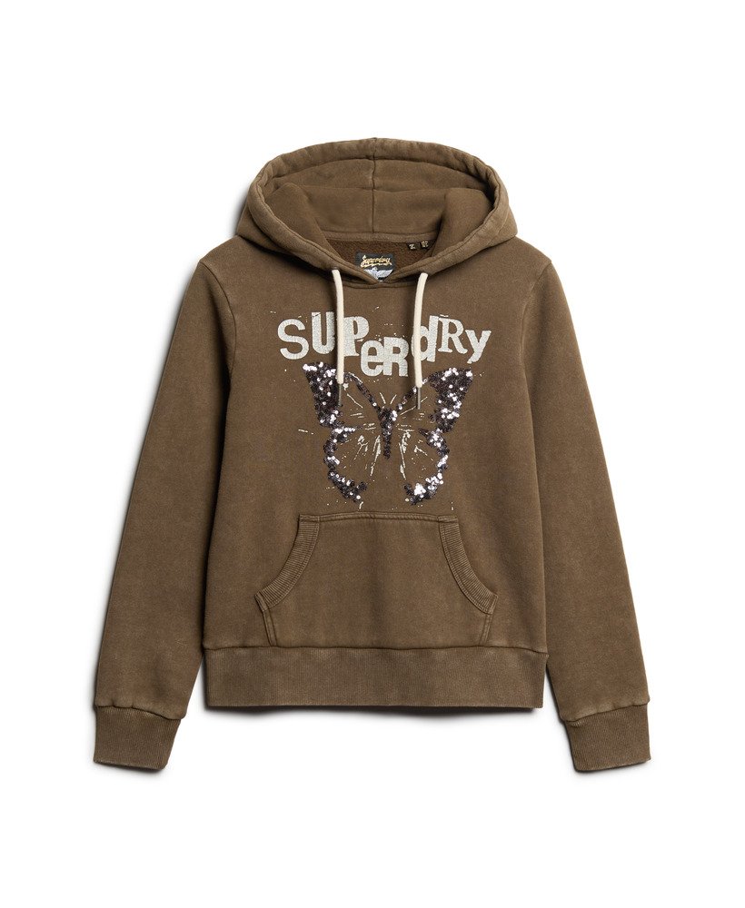 versierde punk-hoodie met grafische print in diep kaki groen.