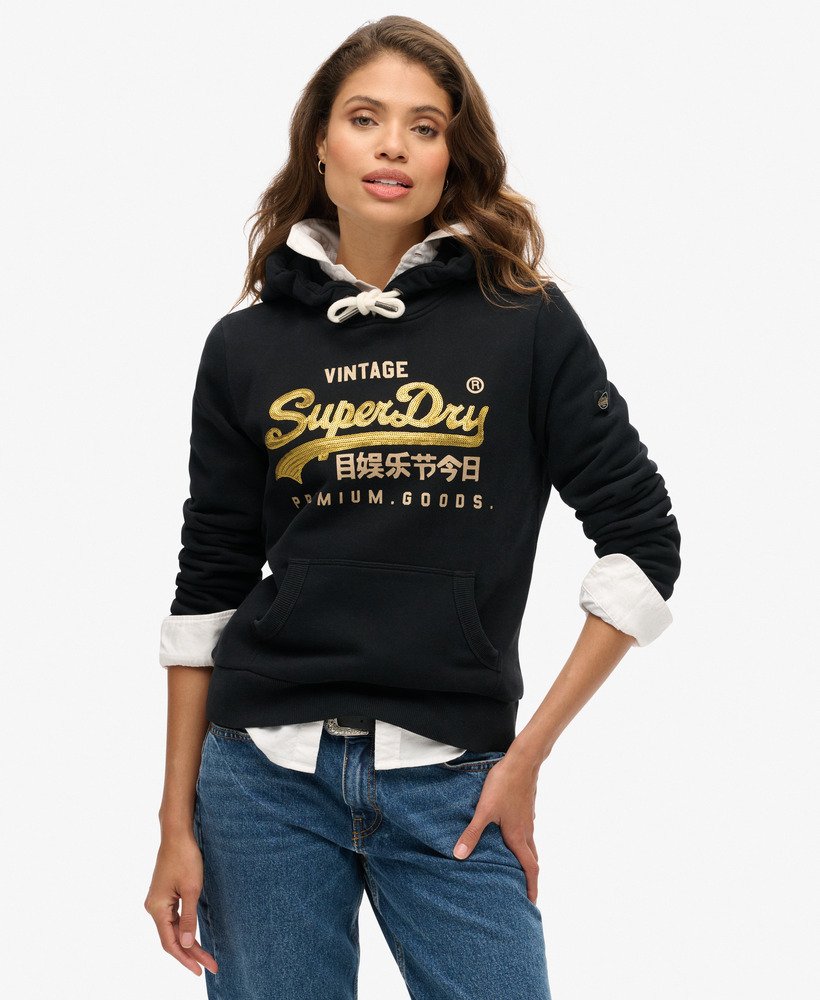 hoodie met vintage logo en versieringen in gitzwart.