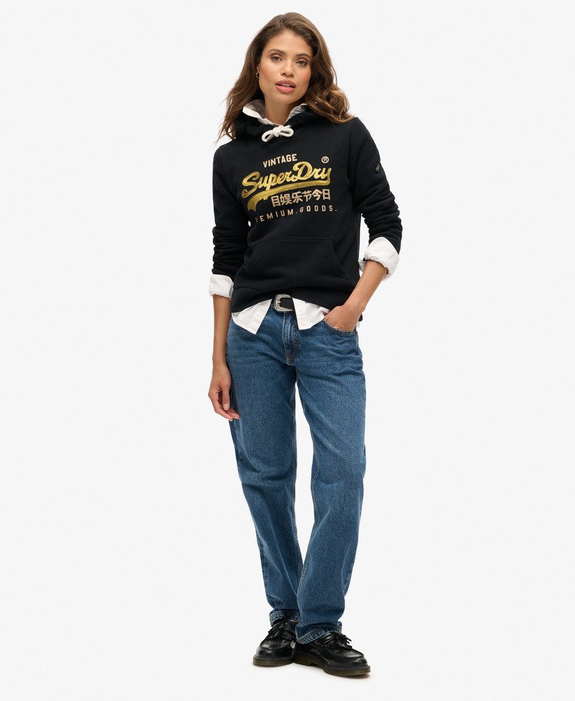 hoodie met vintage logo en versieringen in gitzwart.