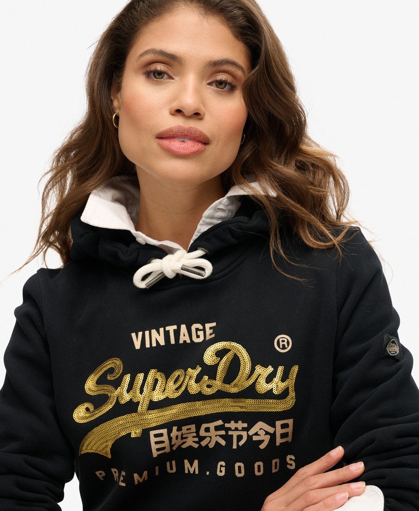 hoodie met vintage logo en versieringen in gitzwart.