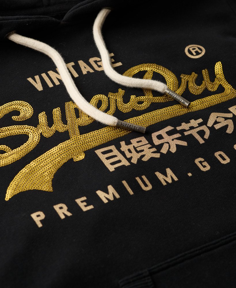 hoodie met vintage logo en versieringen in gitzwart.