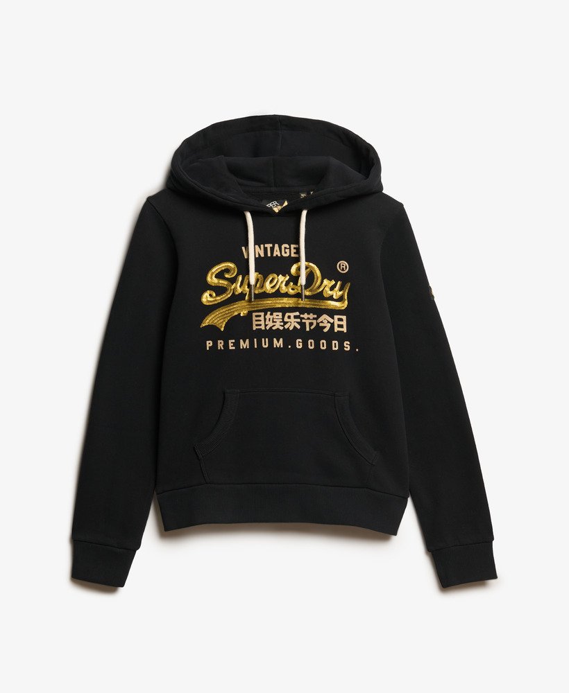 hoodie met vintage logo en versieringen in gitzwart.
