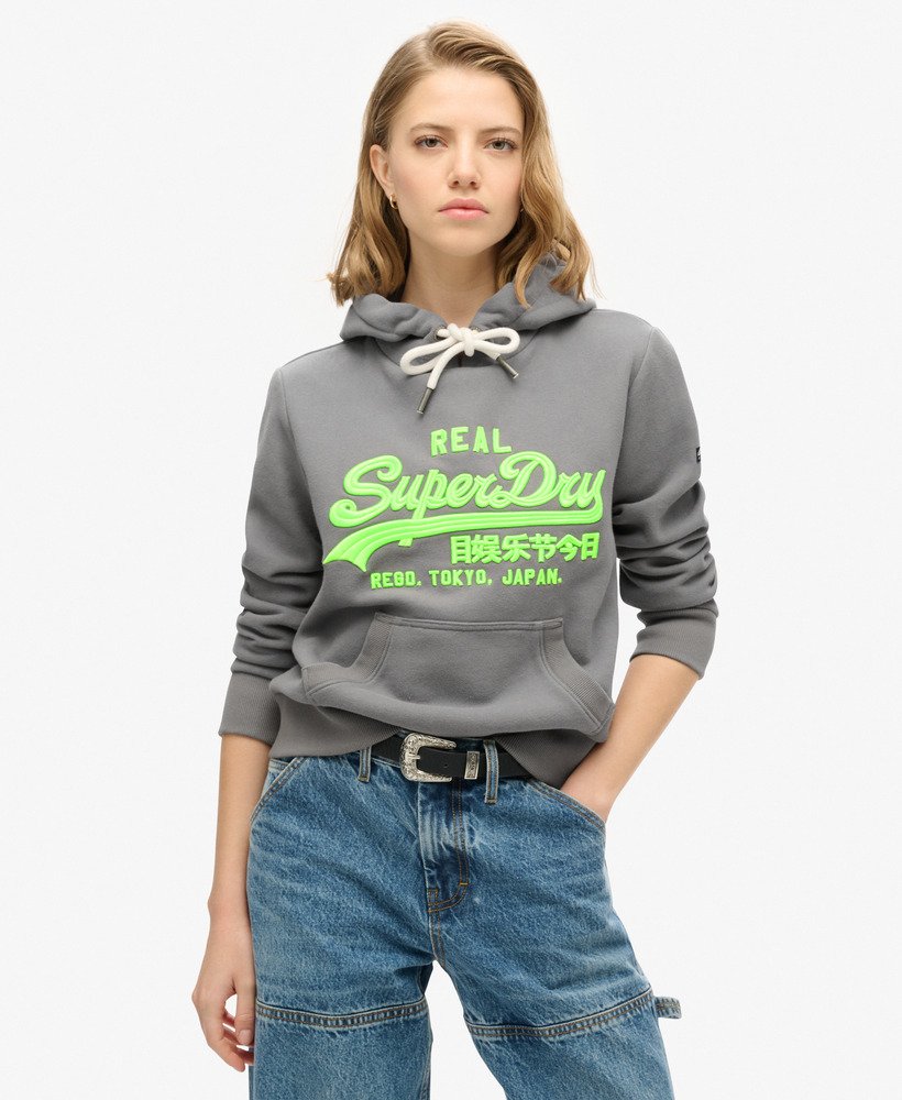 neon vintage logo geborduurde graphic hoodie in middengrijs