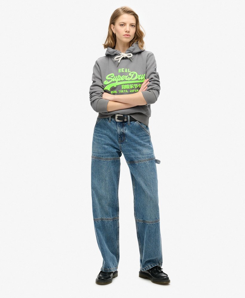 neon vintage logo geborduurde graphic hoodie in middengrijs