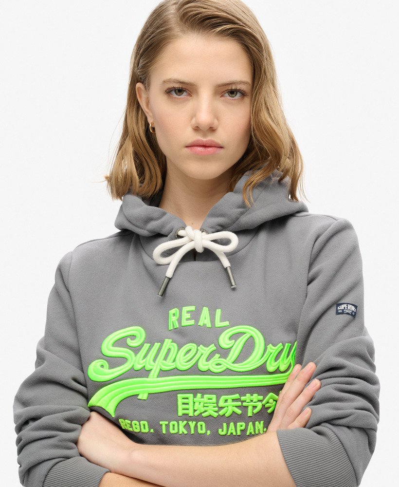 neon vintage logo geborduurde graphic hoodie in middengrijs