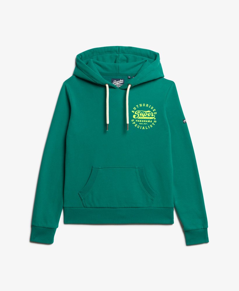 neonkleurige hoodie met geborduurde graphic in stormgroen