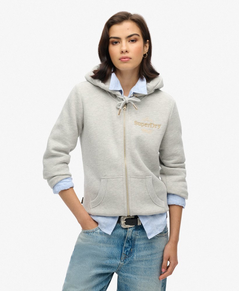 luxe metallic logo zip hoodie in pumice stone beige marl