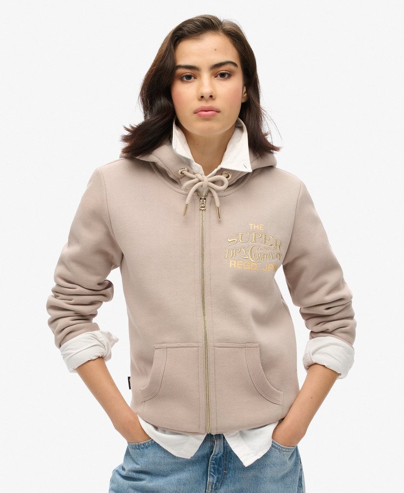 luxe metallic hoodie met logo en ritssluiting in warmgrijs.