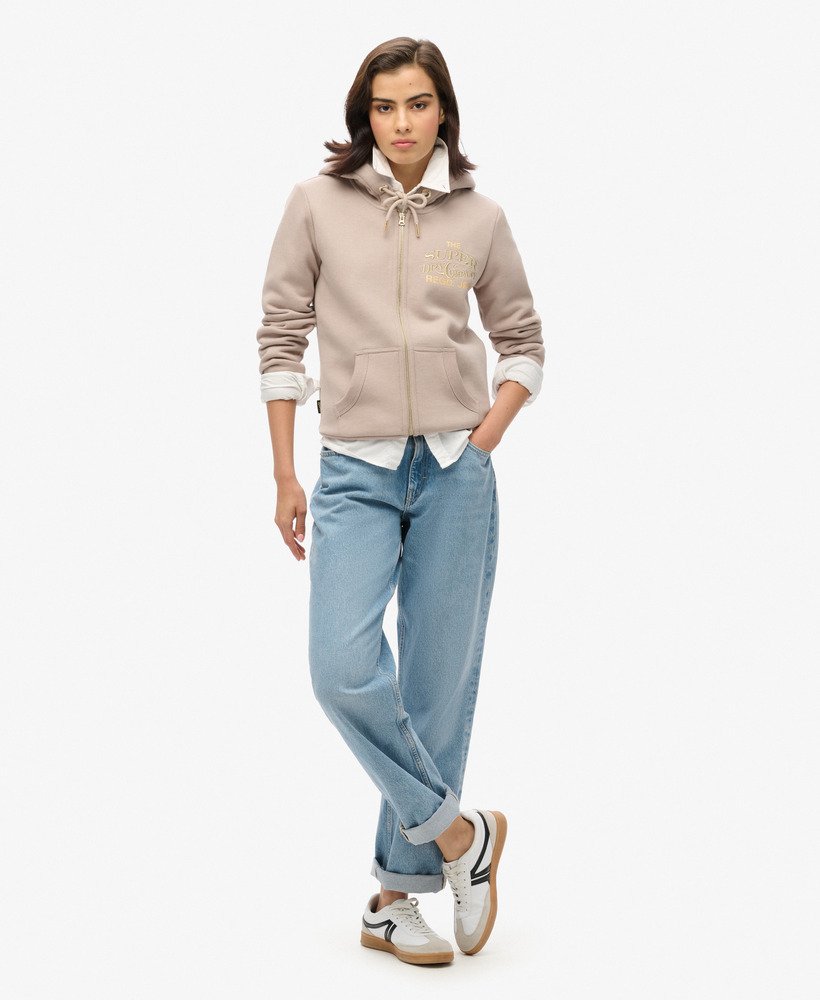 luxe metallic hoodie met logo en ritssluiting in warmgrijs.